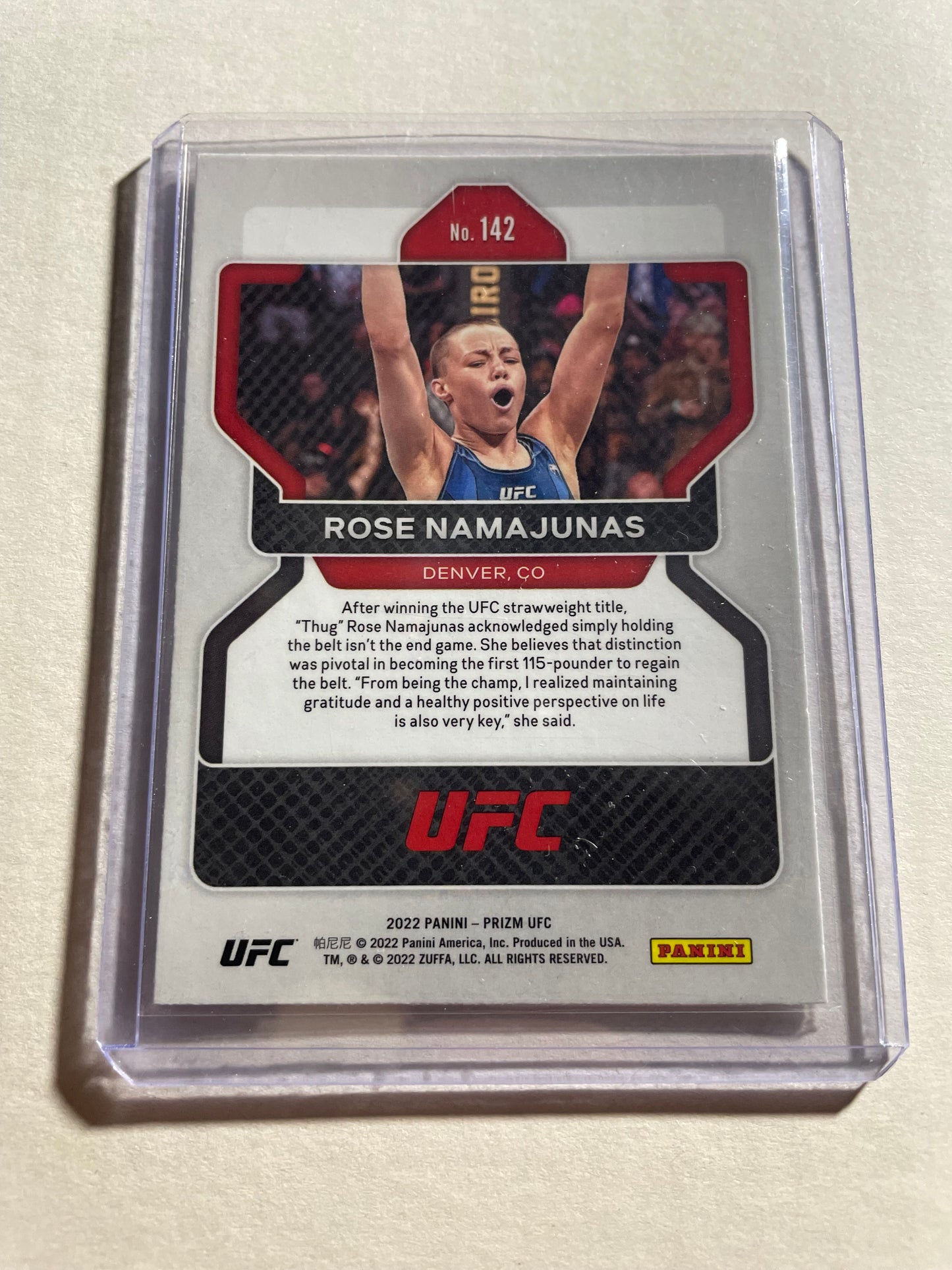 2022 Panini Prizm UFC trading card features Rose Namajunas and is protected in a clear magnetic case