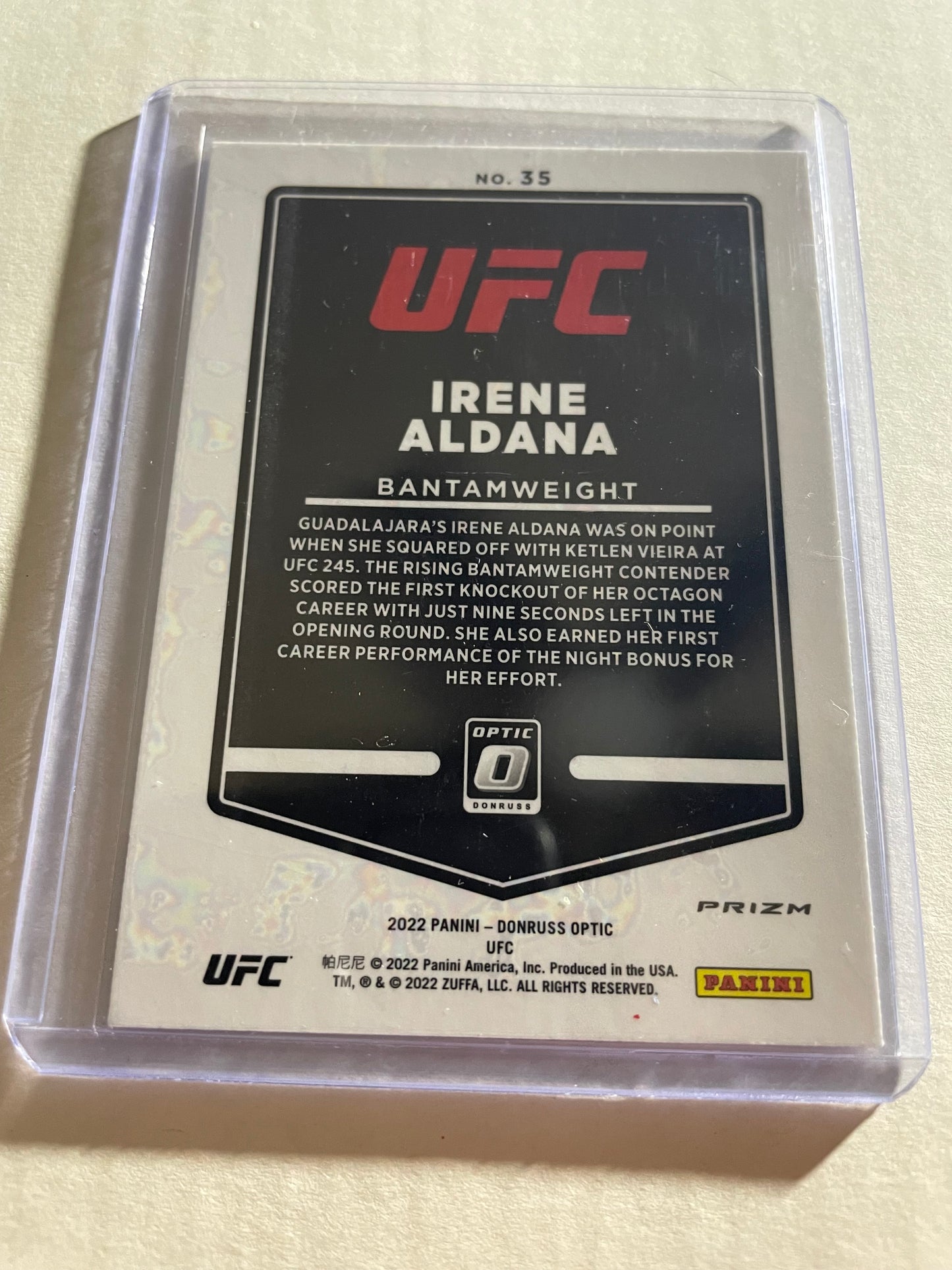 2022 Panini Donruss Optic UFC trading card featuring women's bantamweight fighter Irene Aldana