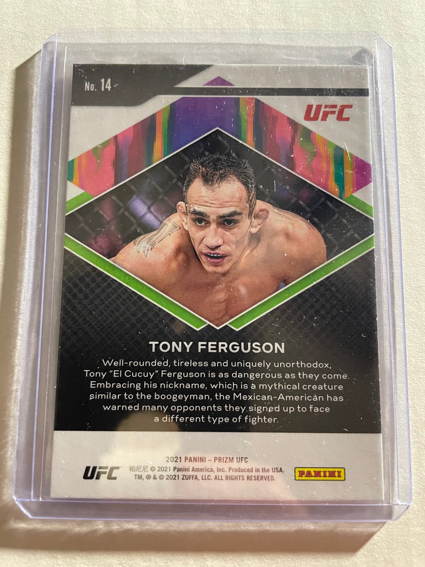 2021 Panini Prizm UFC "Fearless" trading card featuring Tony Ferguson in a protective plastic case