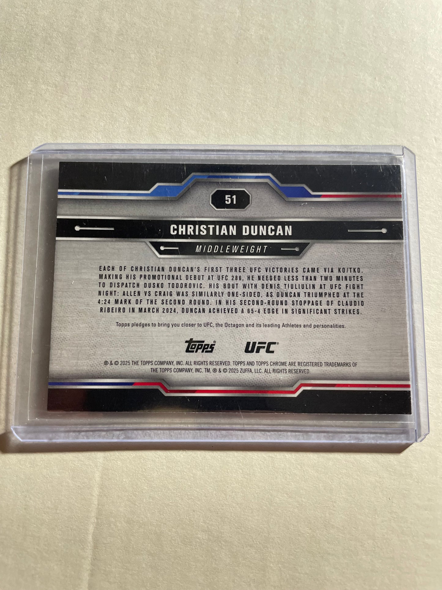 2025 Topps Chrome UFC Christian Duncan #51 rookie refractor card featuring a blue geometric parallel