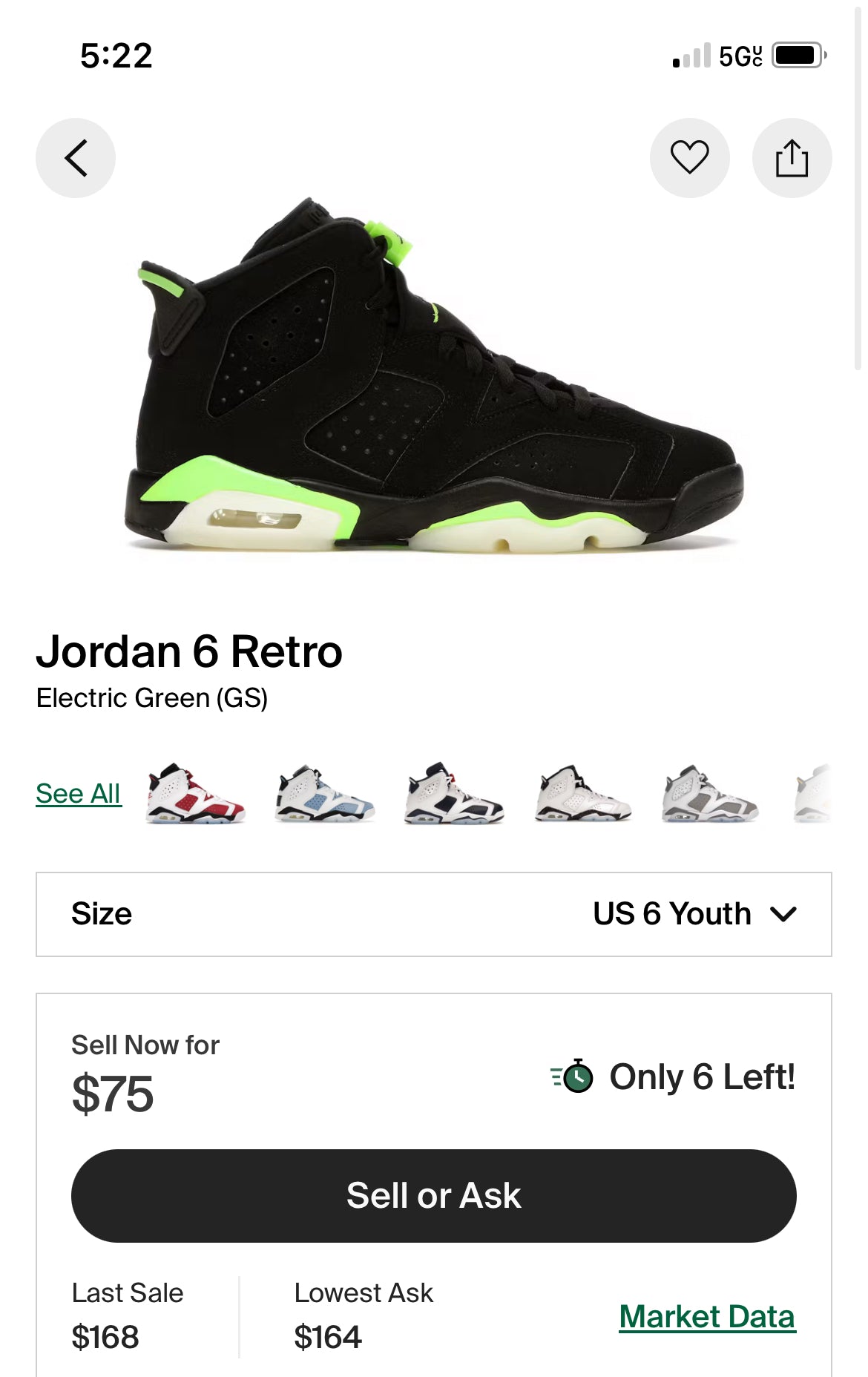 6Y (Youth) Jordan 6 retro Electric Green(gs) (No Box!)
