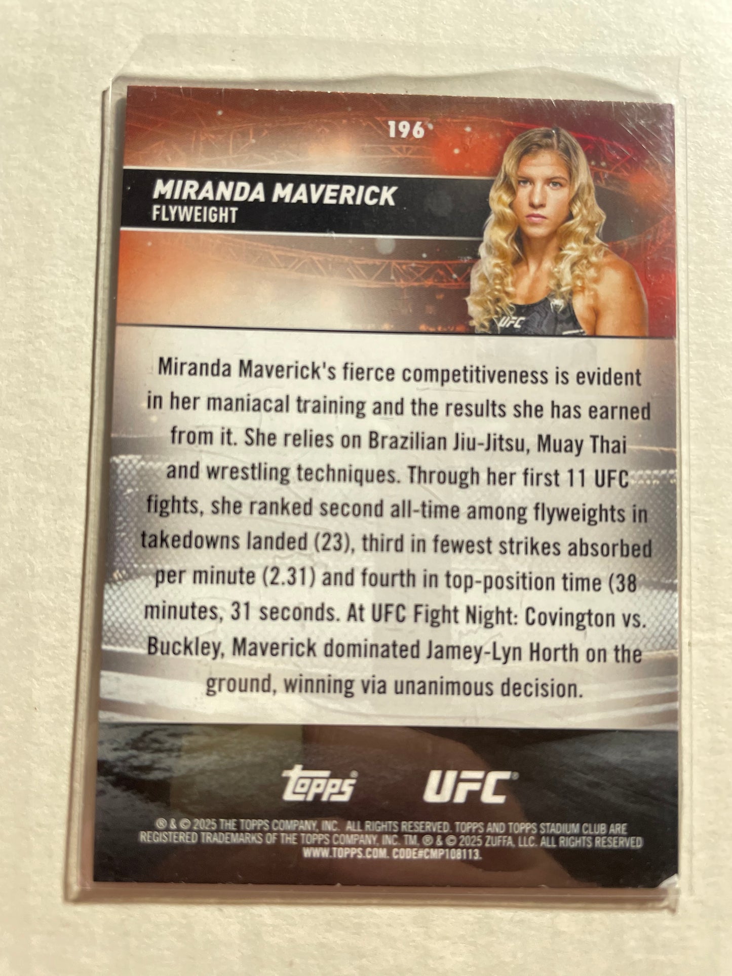 2025 Topps Stadium Club UFC card (#196) featuring fighter Miranda Maverick.