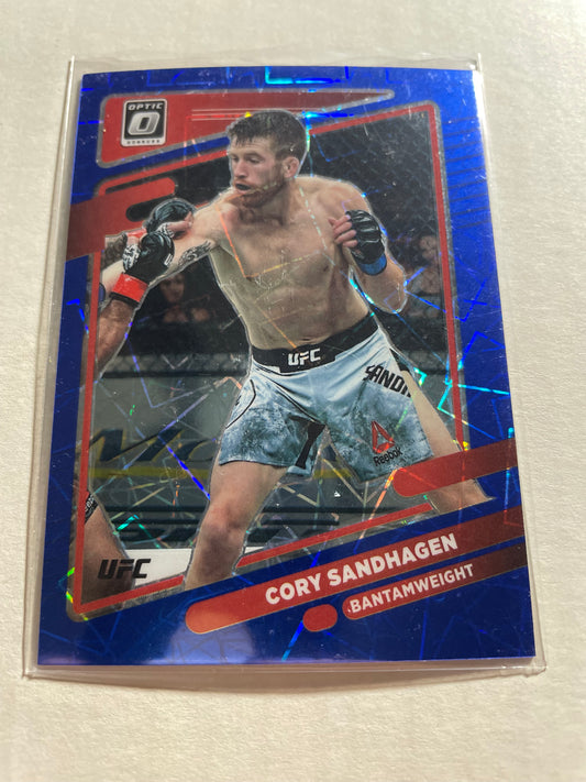 2022 Panini Donruss Optic UFC Cory Sandhagen Blue Velocity #8 card, featuring a distinctive holographic blue finish