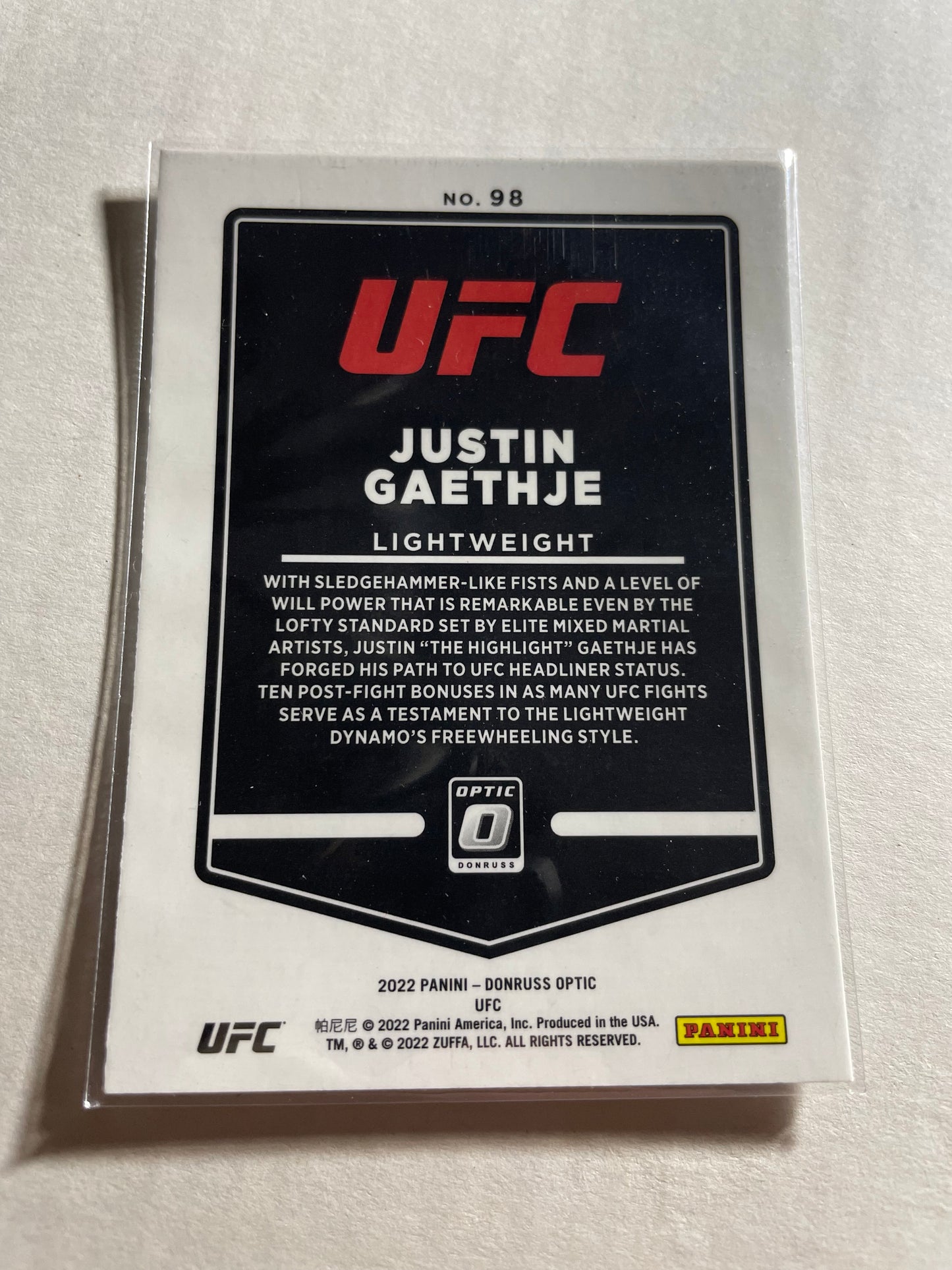 2022 Panini Donruss Optic UFC Justin Gaethje #98 trading card featuring a red border design