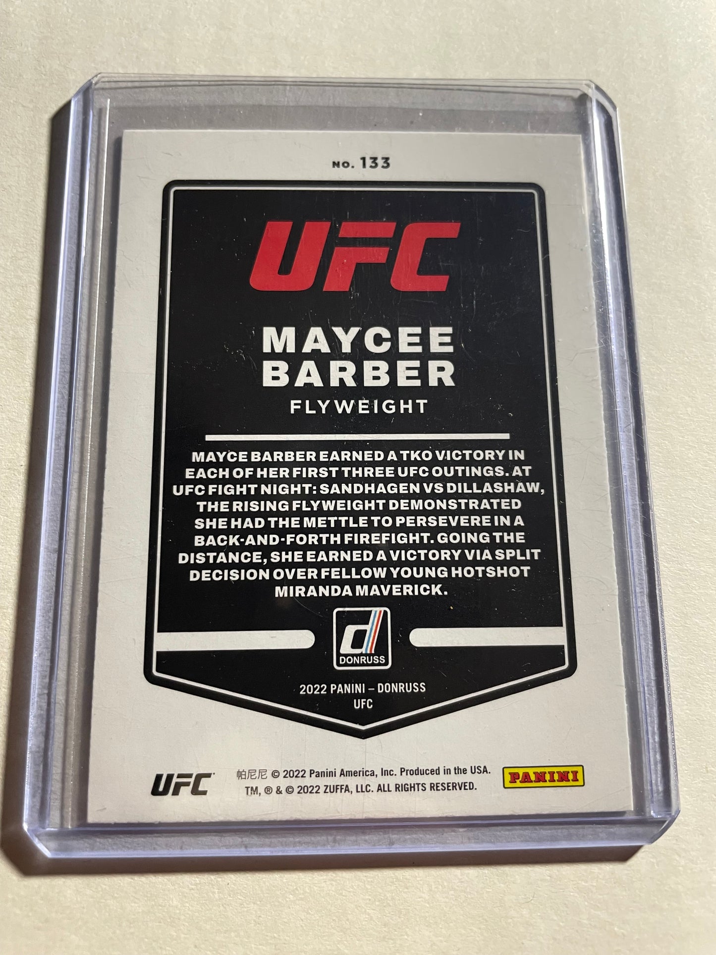 2022 Panini Donruss UFC #133 trading card featuring mixed martial artist Maycee Barber