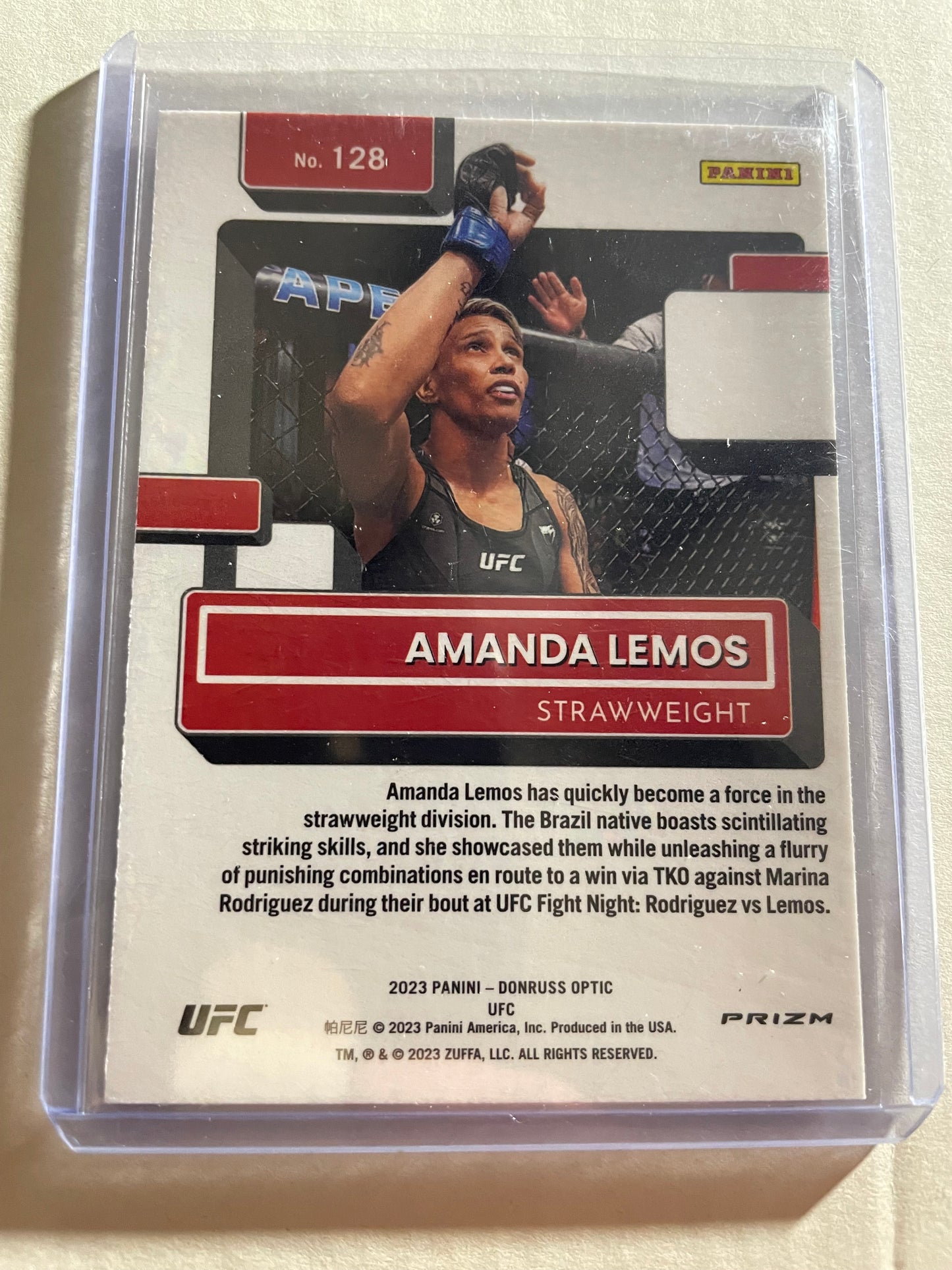2023 Donruss Optic UFC card Amanda Lemos in her Rated Rookie set, identified specifically as a blue parallel.