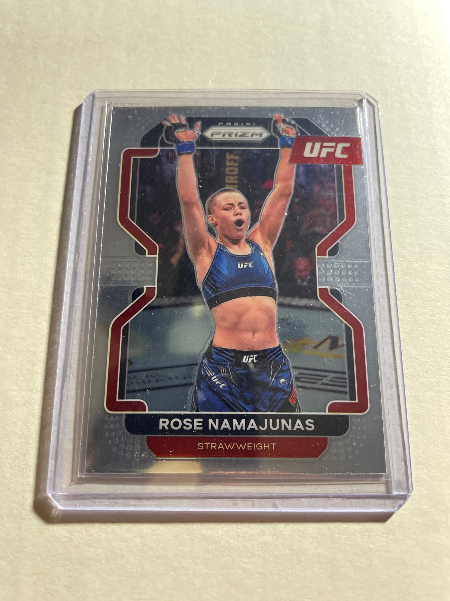 2022 Panini Prizm UFC trading card features Rose Namajunas and is protected in a clear magnetic case