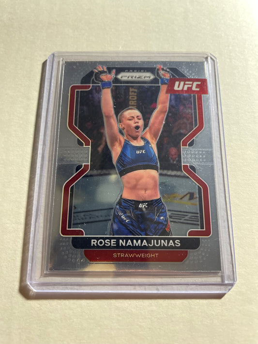 2022 Panini Prizm UFC trading card features Rose Namajunas and is protected in a clear magnetic case