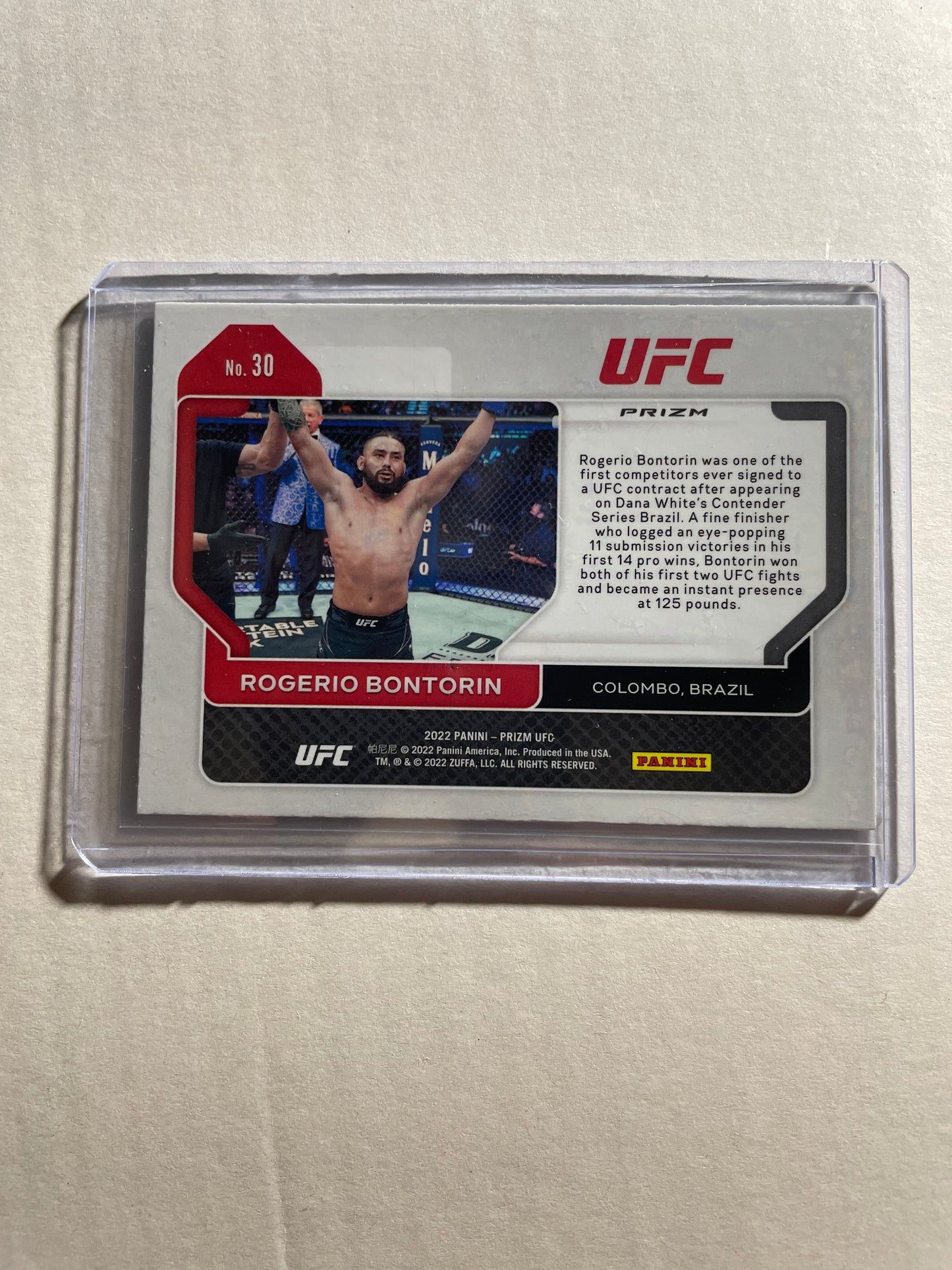 2022 Panini Prizm UFC Rogerio Bontorin rookie card (#30) features a vibrant Ruby Wave parallel finish