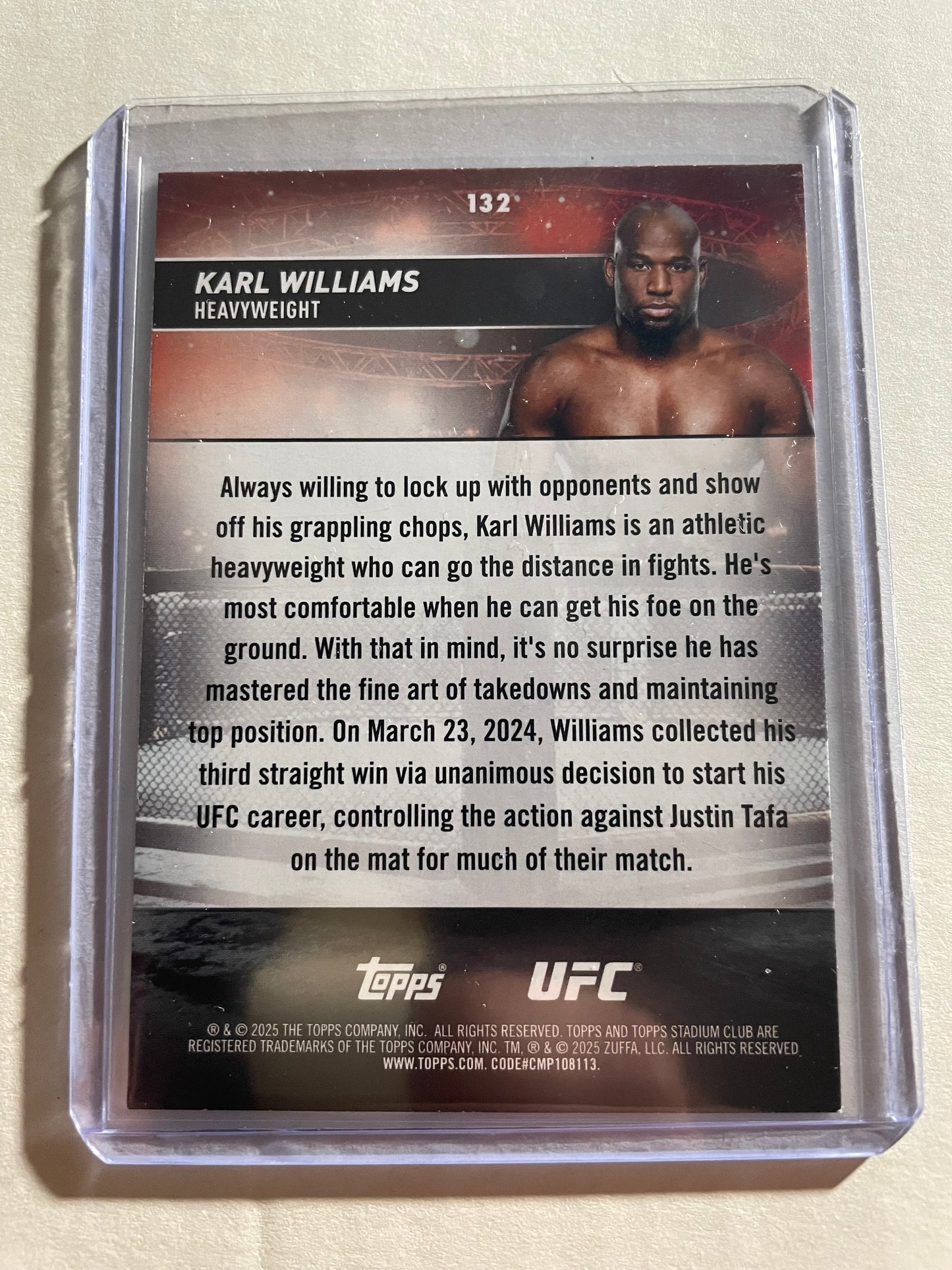 2025 Topps Stadium Club UFC trading card features heavyweight fighter Karl Williams