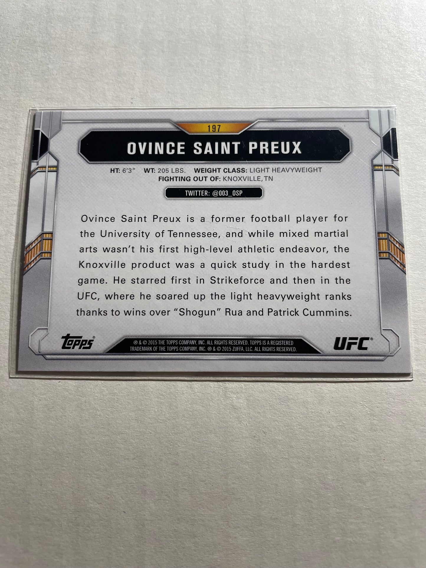 2015 Topps UFC Chronicles #197 trading card featuring Light Heavyweight fighter Ovince Saint Preux