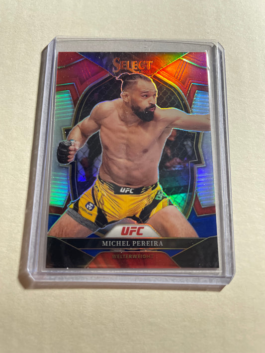 2023 Panini Select UFC Michel Pereira #11 Concourse card, which features a vibrant red and blue Prizm design.