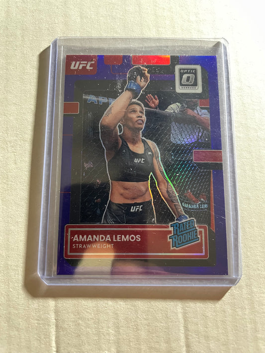 2023 Donruss Optic UFC card Amanda Lemos in her Rated Rookie set, identified specifically as a blue parallel.