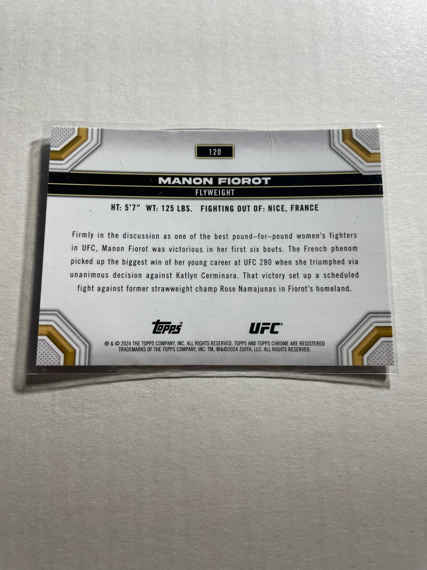 2024 Topps Chrome UFC card featuring fighter Manon Fiorot, card number #120