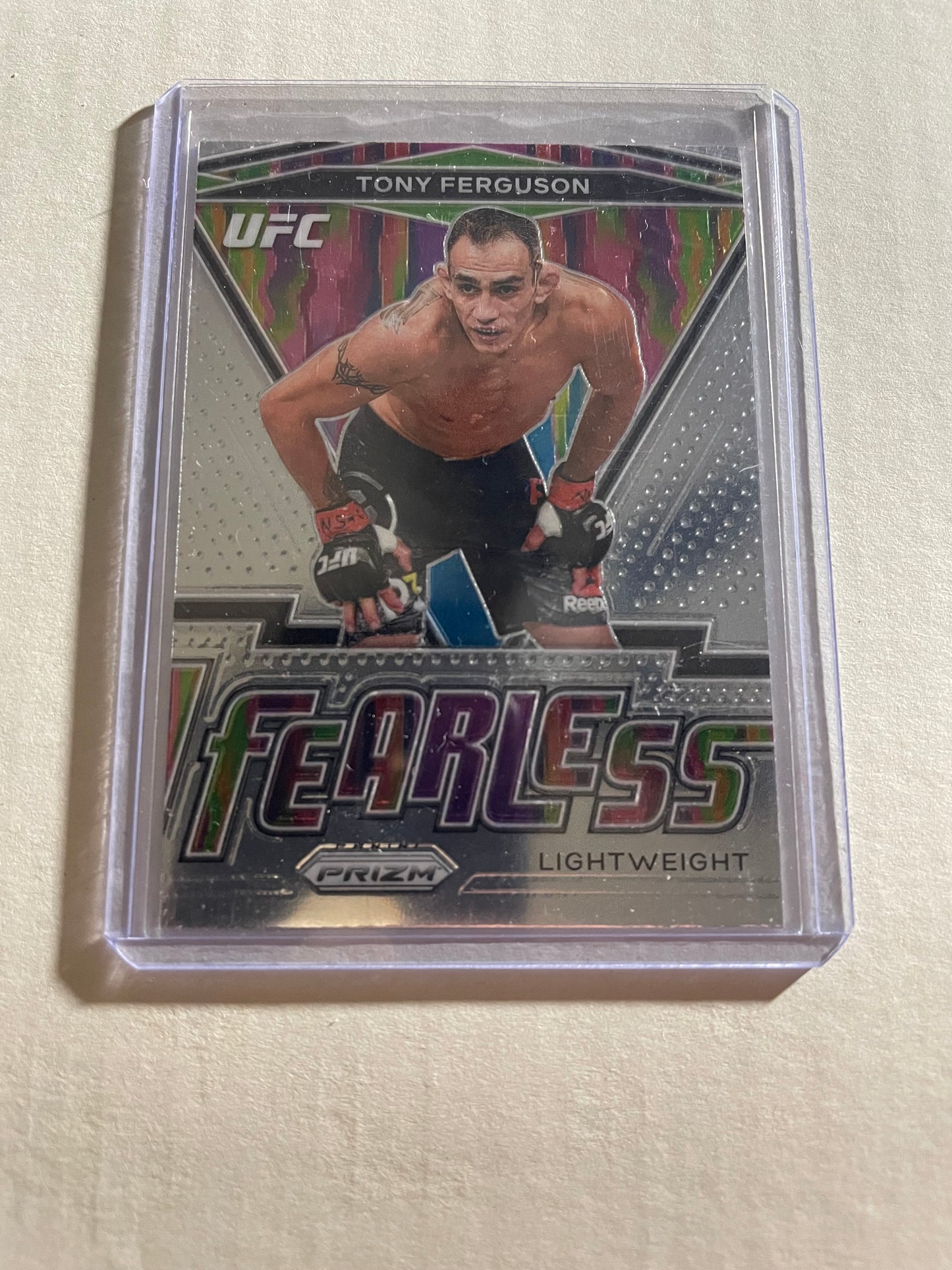 2021 Panini Prizm UFC "Fearless" trading card featuring Tony Ferguson in a protective plastic case