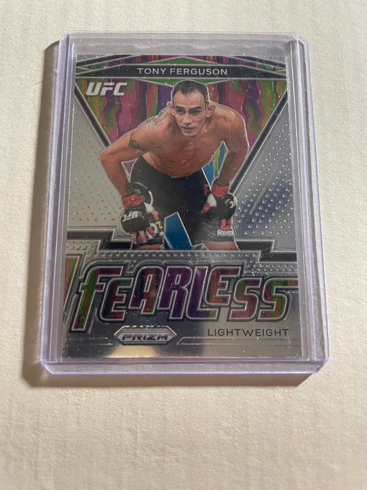 2021 Panini Prizm UFC "Fearless" trading card featuring Tony Ferguson in a protective plastic case