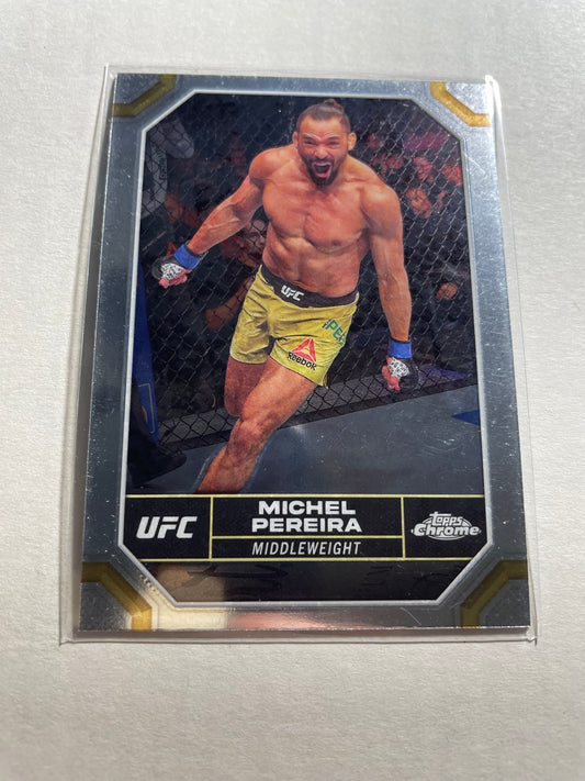 2024 Topps Chrome UFC #138 Michel Pereira base card.It features a chrome finish with a holographic sheen.