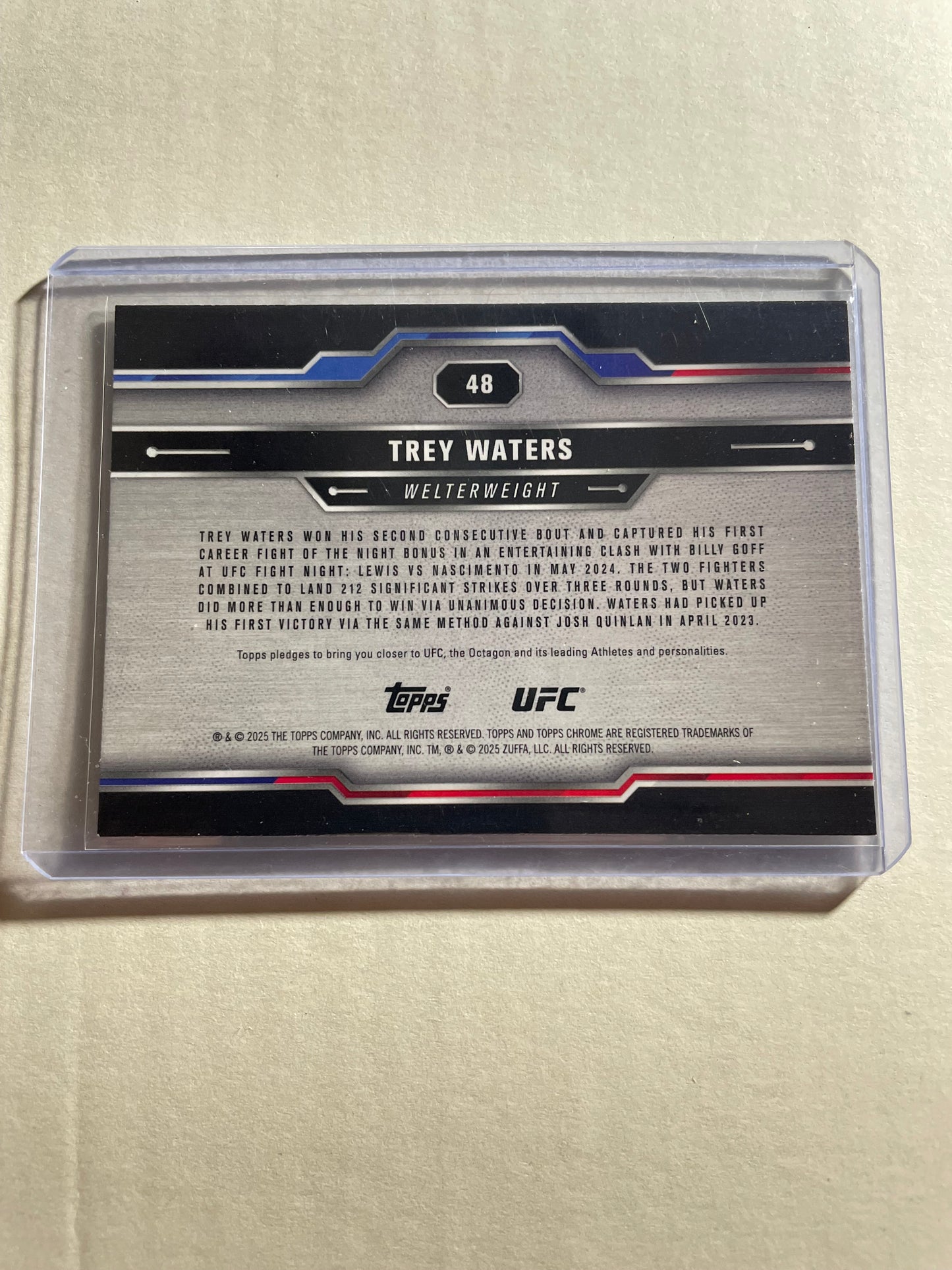 2025 Topps Chrome UFC #48 Trey Waters Rookie Card housed in a protective top loader.