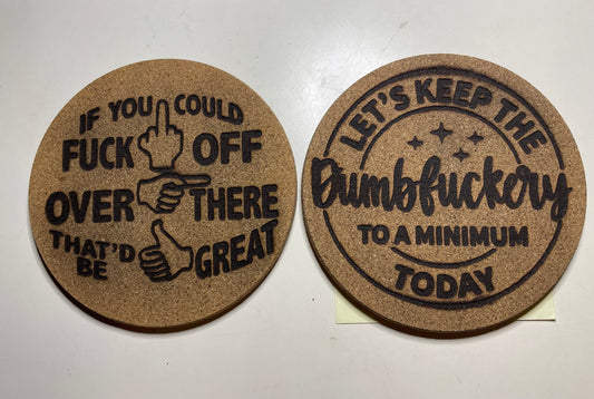Custom designed Funny/Humor Laser Engraved 2PC Circle Coasters