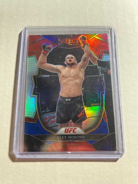 2023 Panini Select UFC trading card featuring Alex Morono, specifically the Concourse Red And Blue Prizm variant.