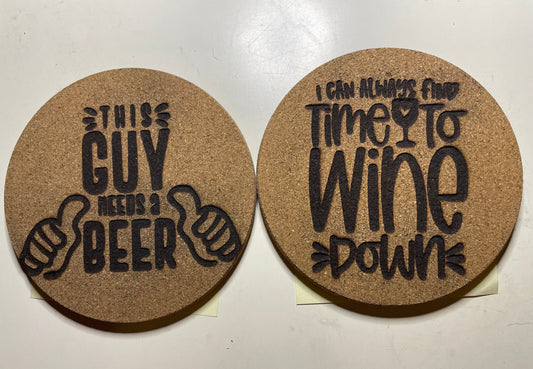 Fino’s Custom Engraved 2PC Circle Coasters This Guy Needs a Beer & I can always find 🍷 to Wine Down