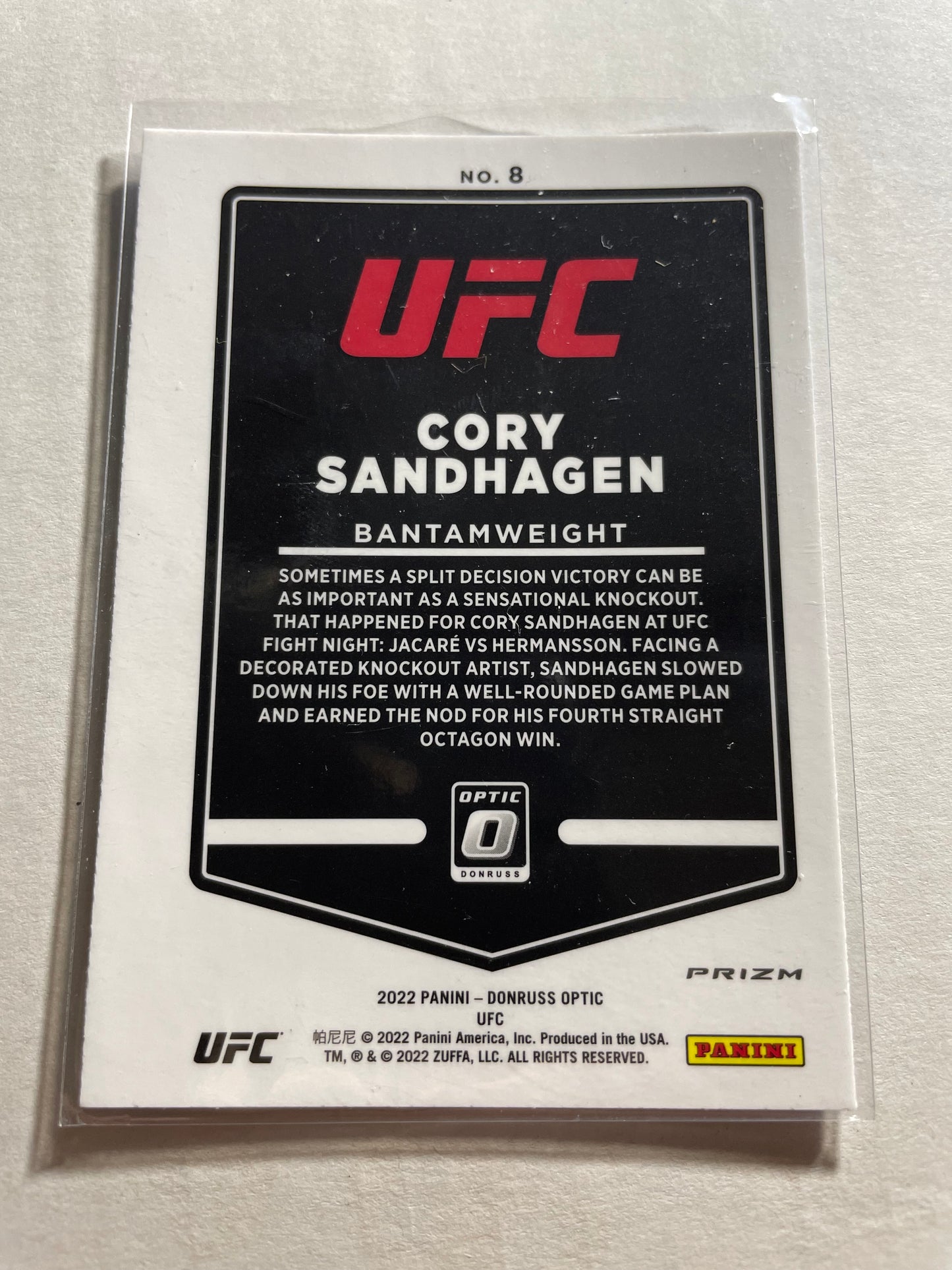 2022 Panini Donruss Optic UFC Cory Sandhagen Blue Velocity #8 card, featuring a distinctive holographic blue finish