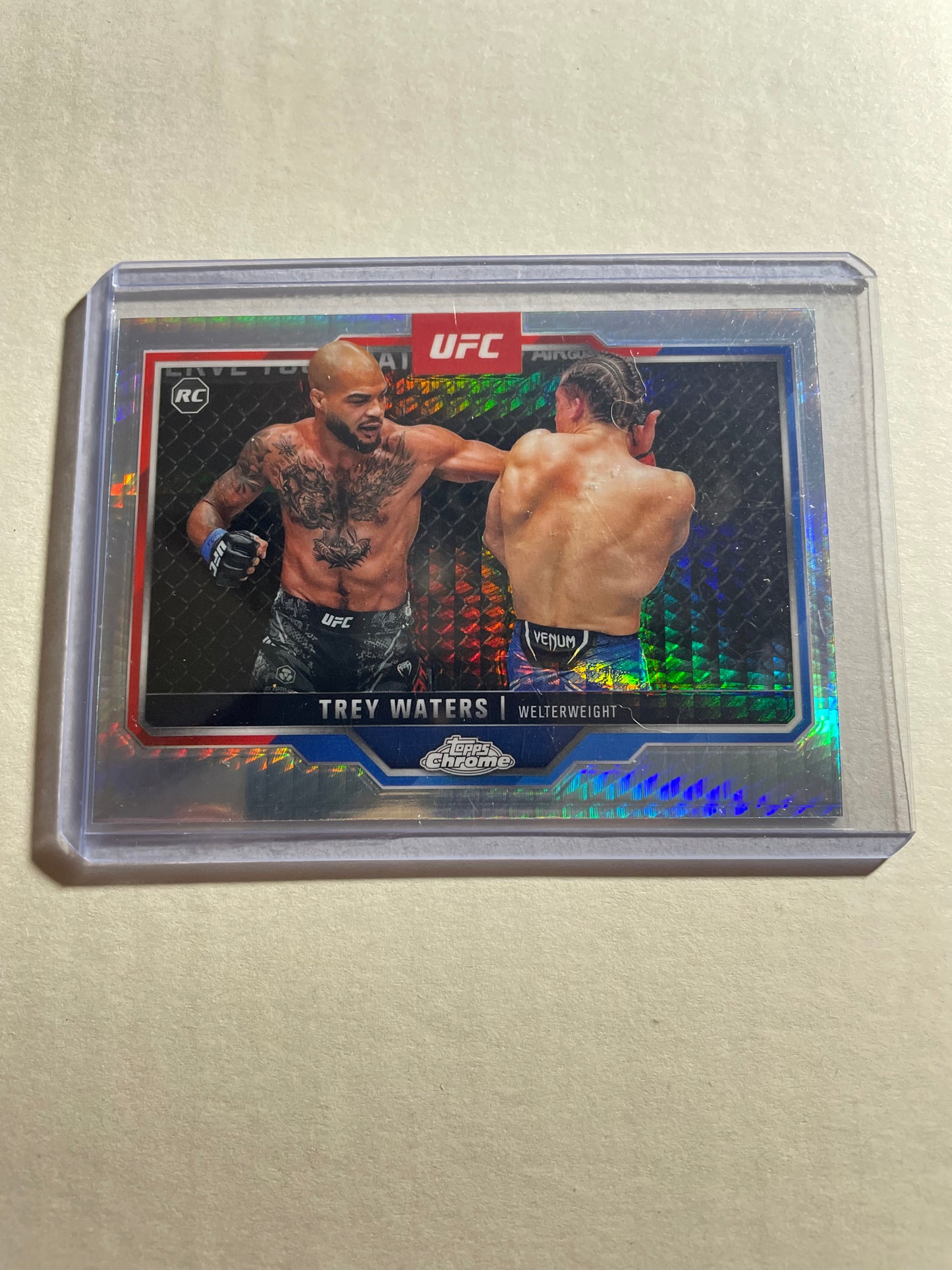 2025 Topps Chrome UFC #48 Trey Waters Rookie Card housed in a protective top loader.