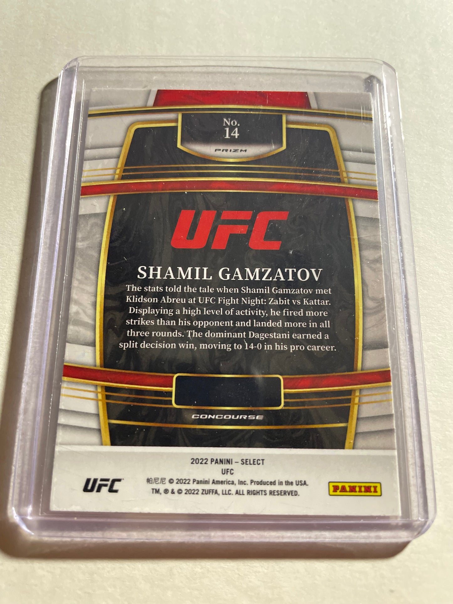 2022 Panini Select UFC Shamil Gamzatov Silver Prizm rookie card, featuring a Concourse Level design