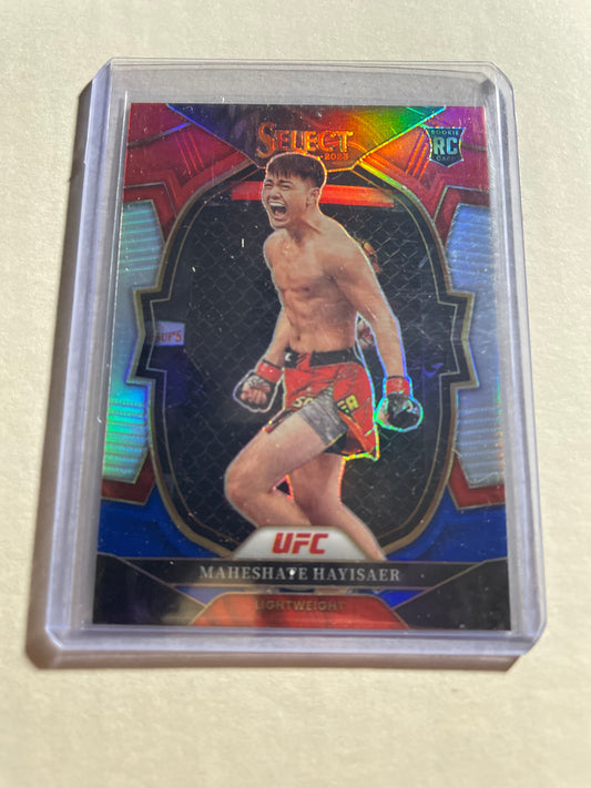 2023 Panini Select UFC Concourse Red & Blue Prizm rookie card (#49) features fighter Maheshate Hayisaer.