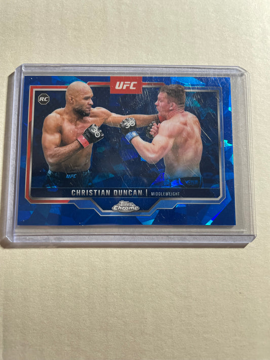 2025 Topps Chrome UFC Christian Duncan #51 rookie refractor card featuring a blue geometric parallel