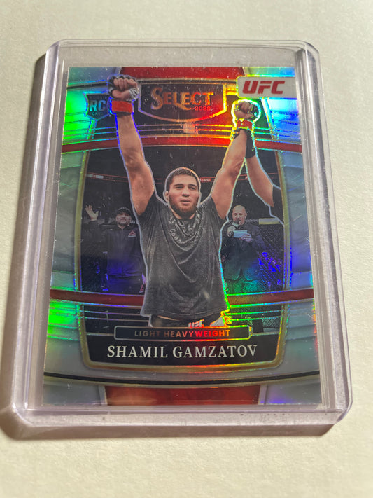 2022 Panini Select UFC Shamil Gamzatov Silver Prizm rookie card, featuring a Concourse Level design