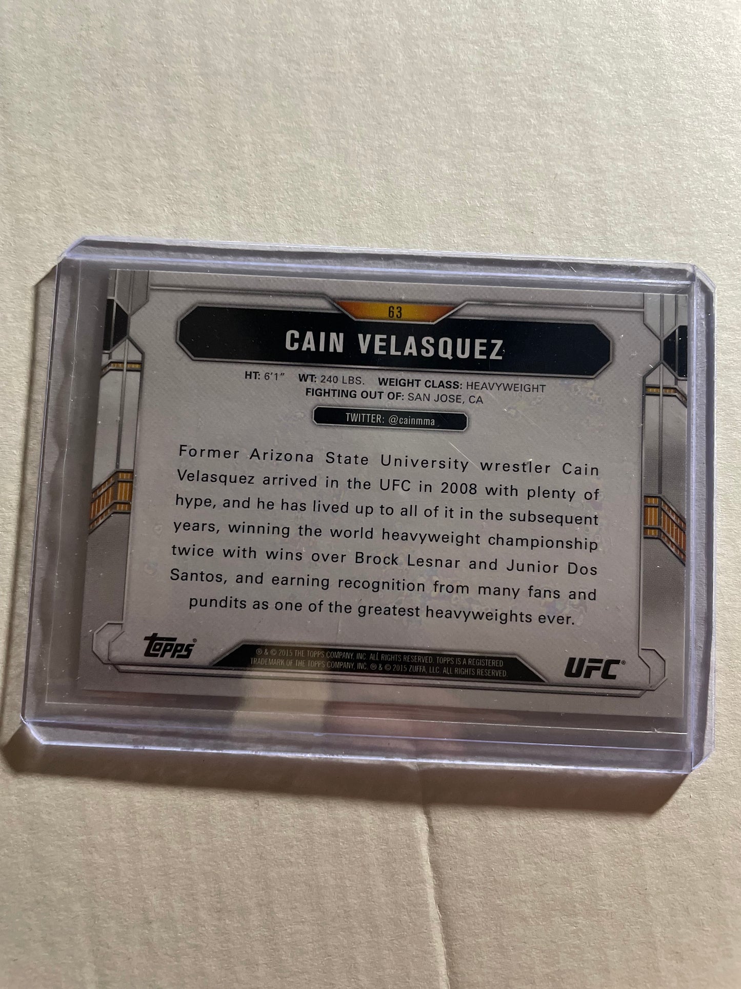 2015 Topps UFC Chronicles #63 trading card featuring former heavyweight champion Cain Velasquez.