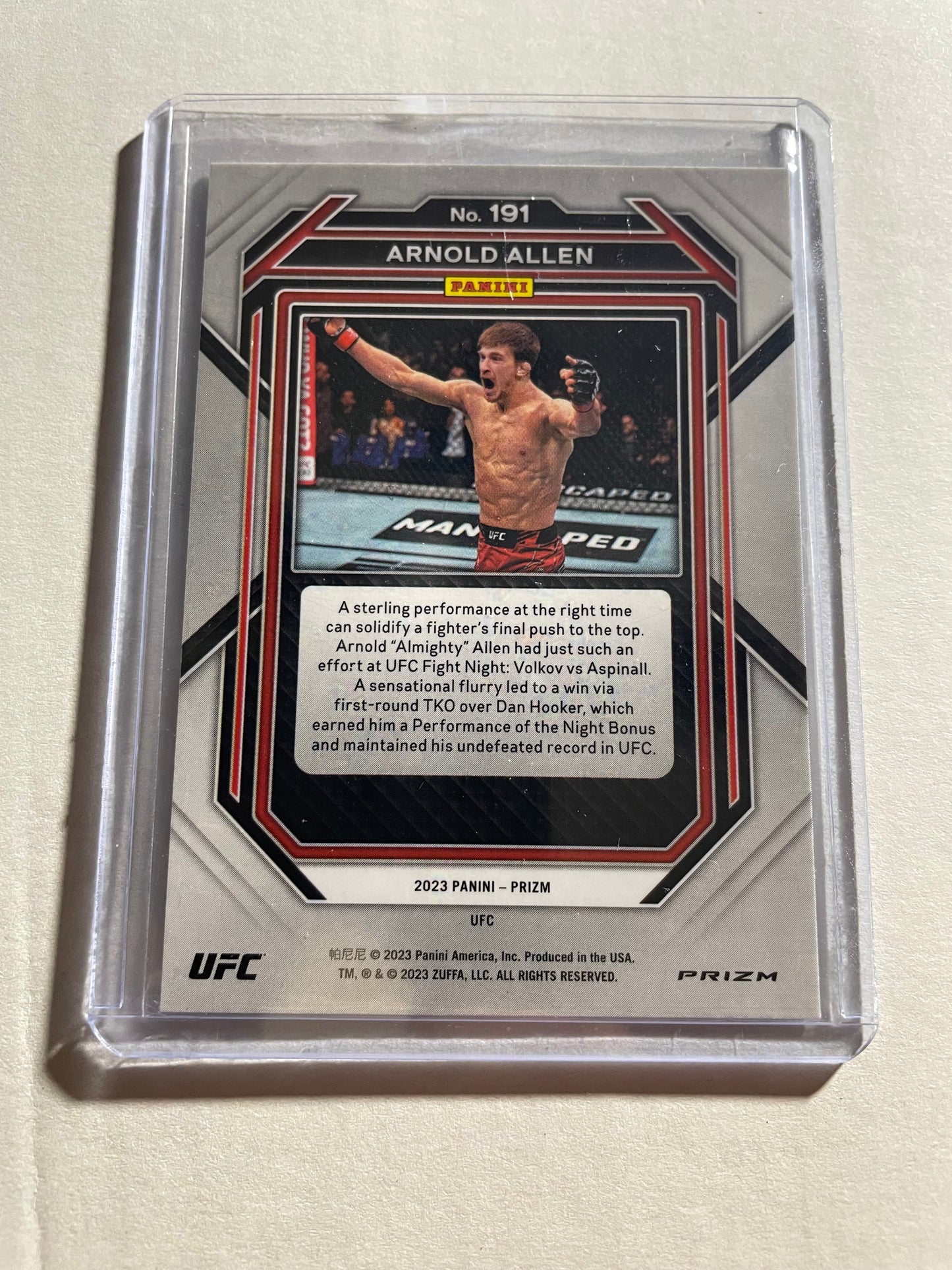 2023 Panini Prizm UFC card featuring fighter Arnold Allen, identified by its Silver Prizm parallel finish