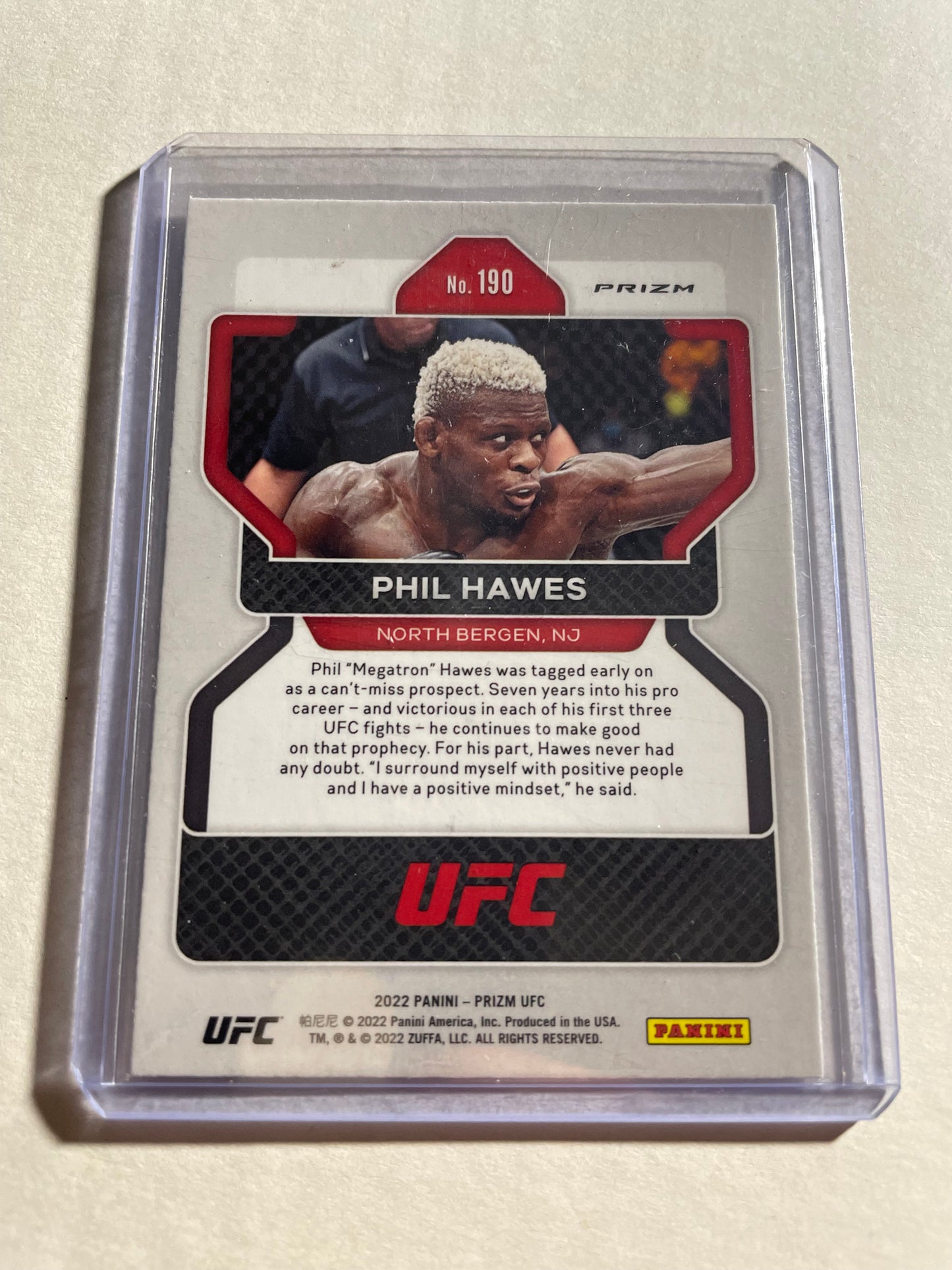2022 Panini Prizm UFC card featuring Phil Hawes (#190).The card is a "Silver Prizm" parallel edition, recognizable by its distinct rainbow metallic finish.