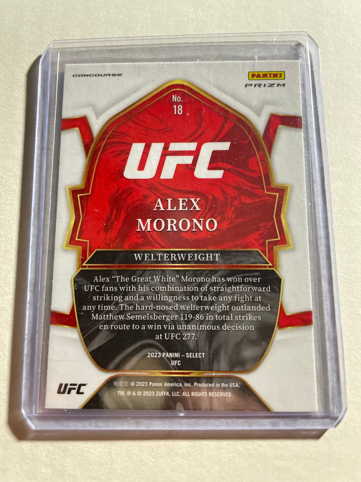 2023 Panini Select UFC trading card featuring Alex Morono, specifically the Concourse Red And Blue Prizm variant.